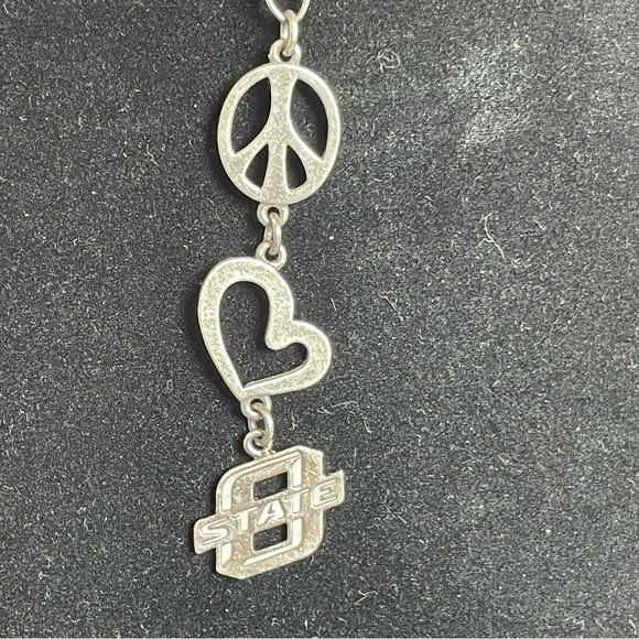 Peace, Love and O-State Pewter Tone Lariat Necklace - Picture 2 of 5